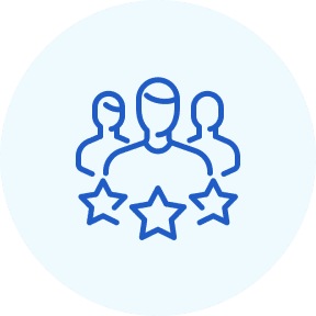 Three people with stars, blue icon.