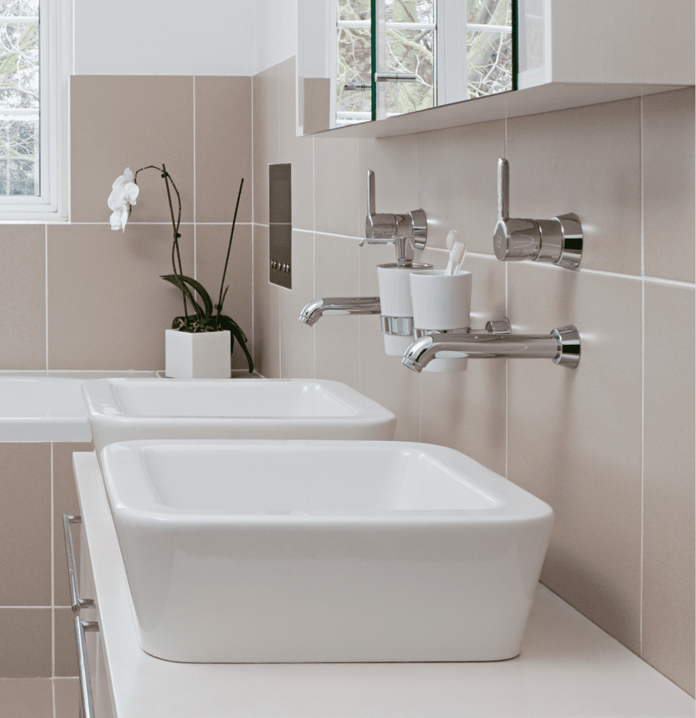 Modern bathroom with dual sinks and orchid.