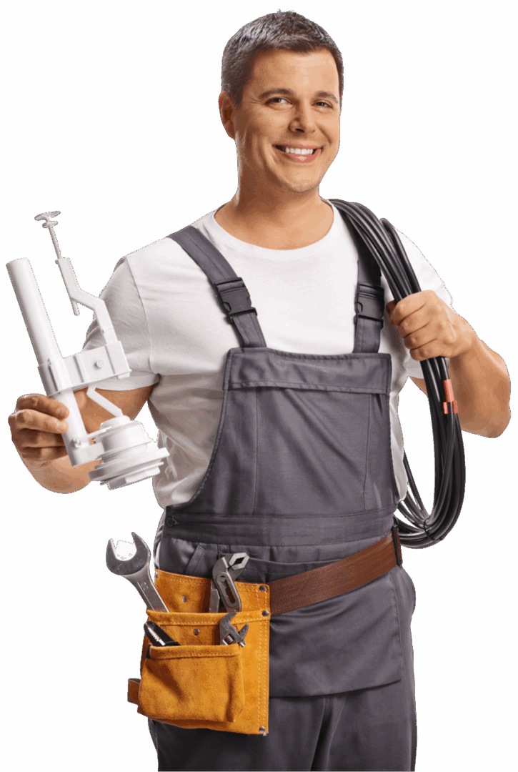 Smiling worker with tools and cables.